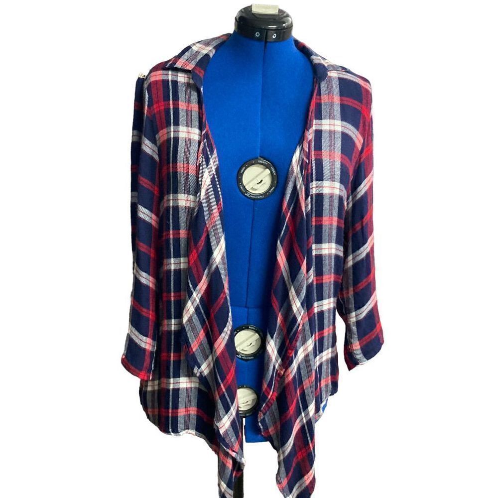 JUSTIFY Plaid Crochet Open Front Cardigan Shrug Large‎ Red Blue White & Ivory